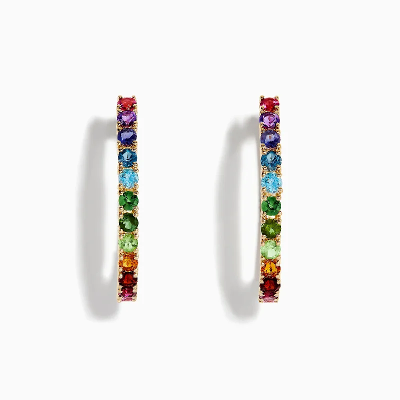 Ladies Earrings for Gifts-Mosaic 14K Yellow Gold Multi Stone Hoop Earrings