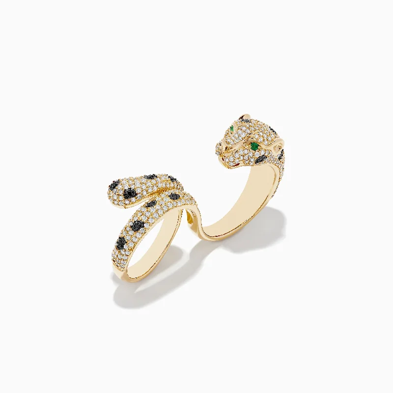 Ladies Rings Statement Piece-Signature 14K Gold Emerald, Black and White Double Finger Ring