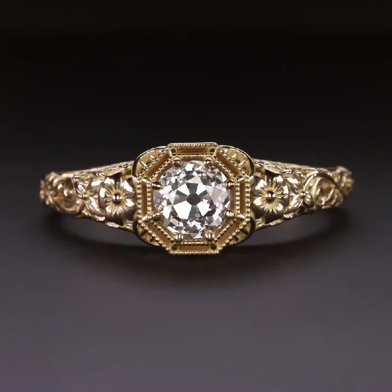 Ladies Engagement Rings Platinum Halo-OLD MINE CUT DIAMOND ENGAGEMENT RING VINTAGE STYLE SOLITAIRE GOLD FLORAL 1/2ct