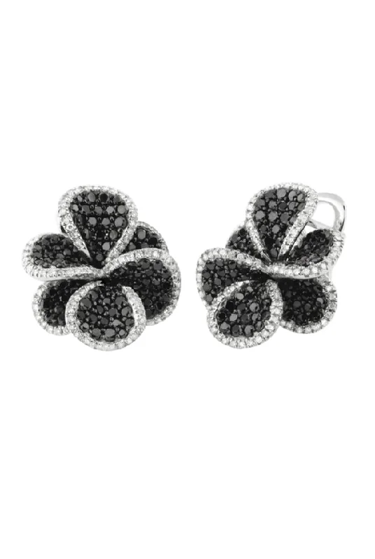 Ladies Earrings Open Hoop-14K White Gold Black and White Diamond Flower Earrings, 2.68 TCW