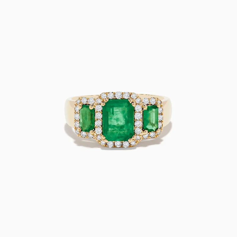 Ladies Rings Sterling Silver-Brasilica 14K Yellow Gold Emerald and Diamond Ring