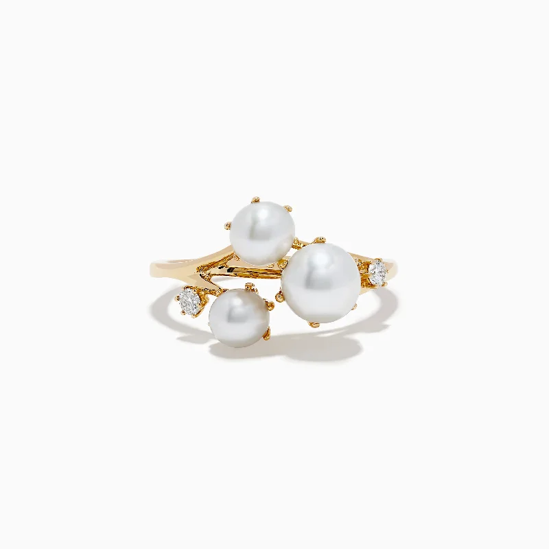 Ladies Rings Wave Band-Pearl 14K Yellow Gold Diamond and Pearl Cluster Ring