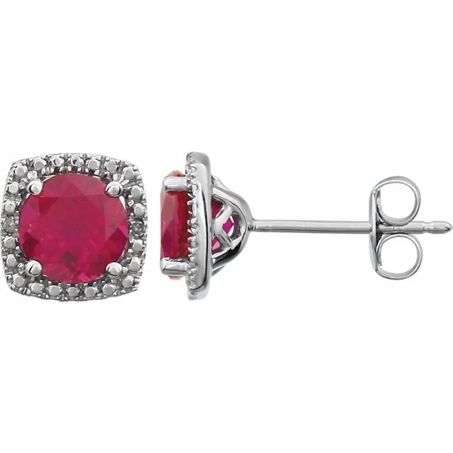 Ladies Earrings for Dreamers-STERLING SILVER 2.40 CTW CREATED RUBY & .015 CTW DIAMOND HALO EARRINGS