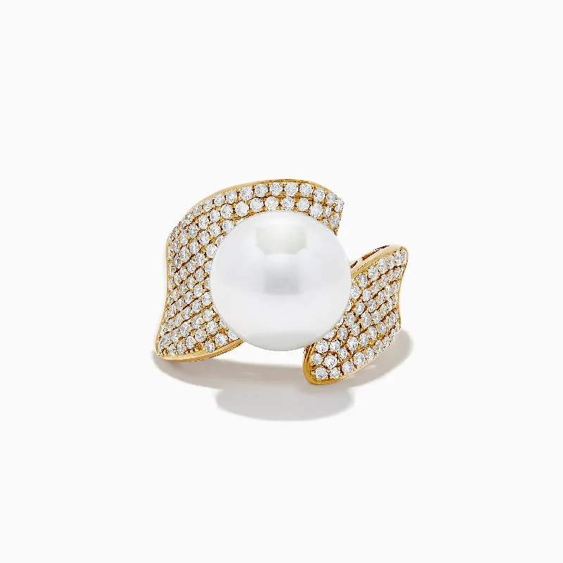 Ladies Rings with Pectolite-14K Yellow Gold Fresh Water Pearl and Diamond Ring