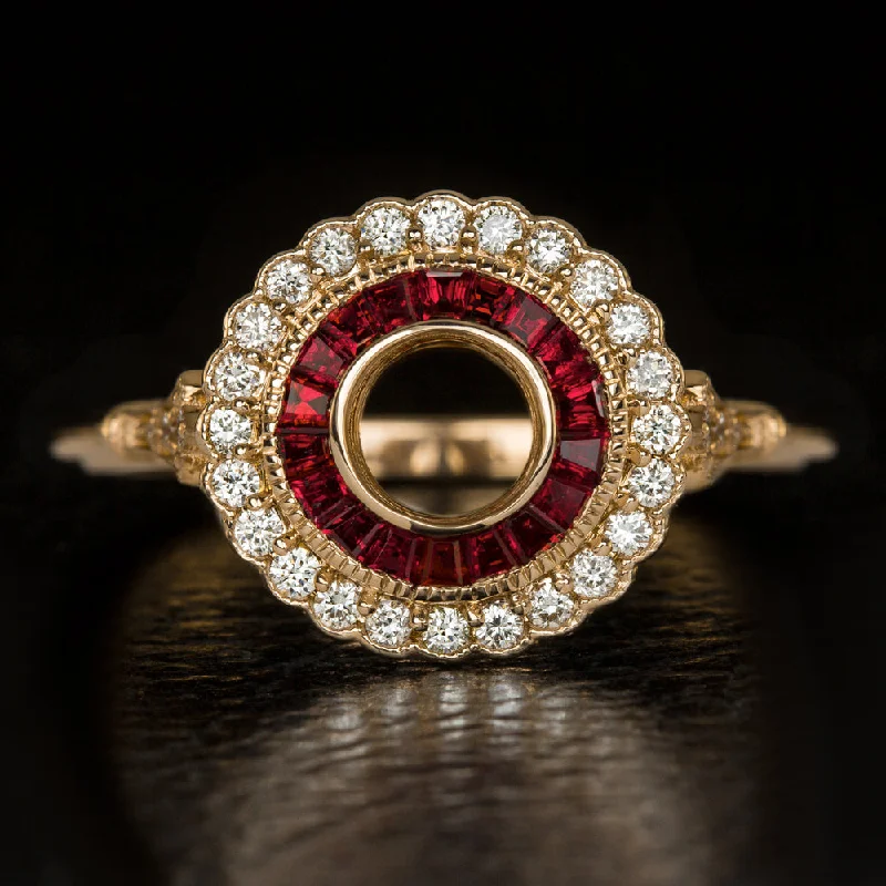 Ladies Engagement Rings with Zincite-VINTAGE STYLE DIAMOND SCALLOP HALO RUBY ENGAGEMENT RING SETTING ART DECO ROUND