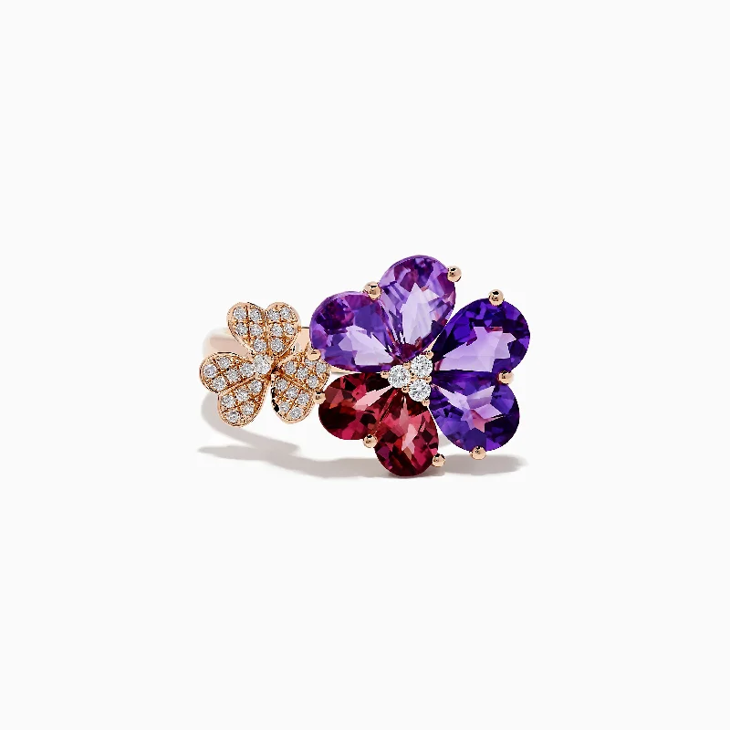 Ladies Rings with Iolite-14K Rose Gold Amethyst and Pink Tourmaline Flower Ring