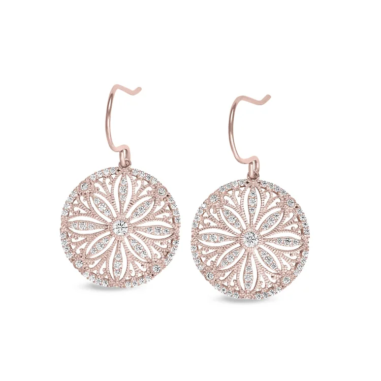 Ladies Earrings Wave Design-Rose Gold Finish Sterling Silver Micropave Vintage Sand Dollar Earrings with Simulated Diamonds