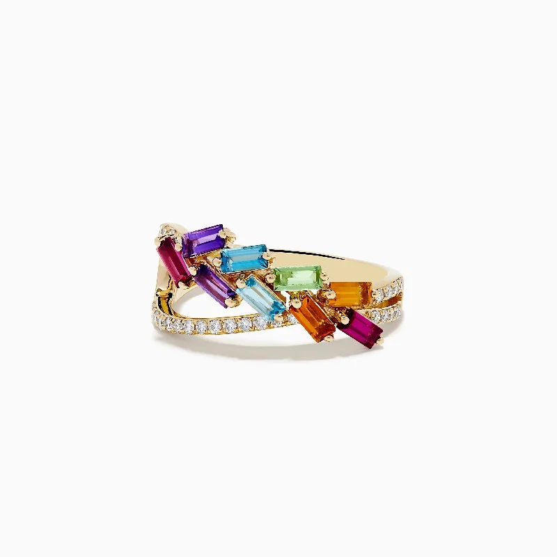 Ladies Rings with Sphalerite-Mosaic Mix 14K Yellow Gold Stones and Diamond Crossover Ring