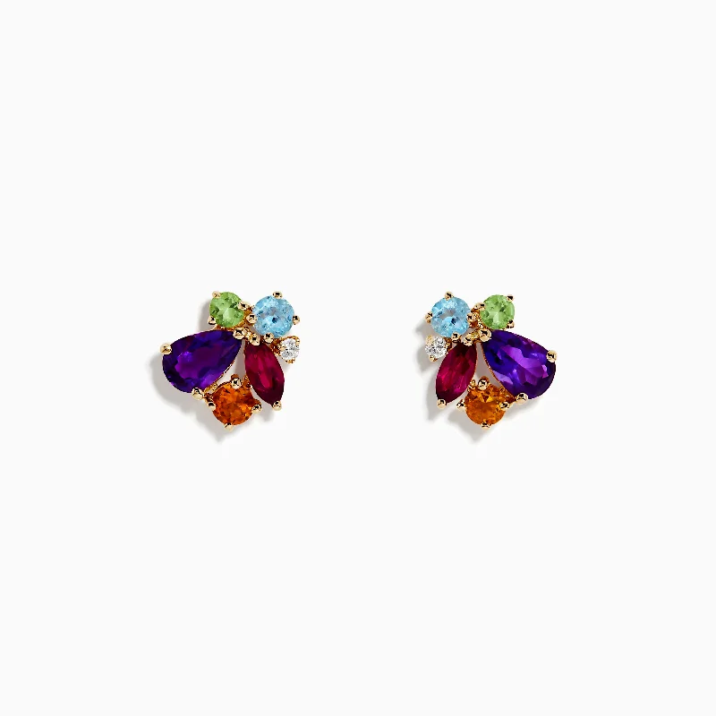 Ladies Earrings Fashion Trend-Mosaic 14K Yellow Gold Multi Gemstone and Diamond Earrings