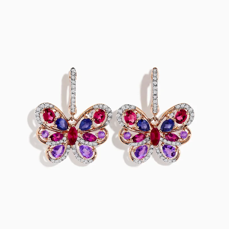 Ladies Earrings with Citrine-14K Rose Gold Multi-Stone and Diamond Butterfly Drop Earrings