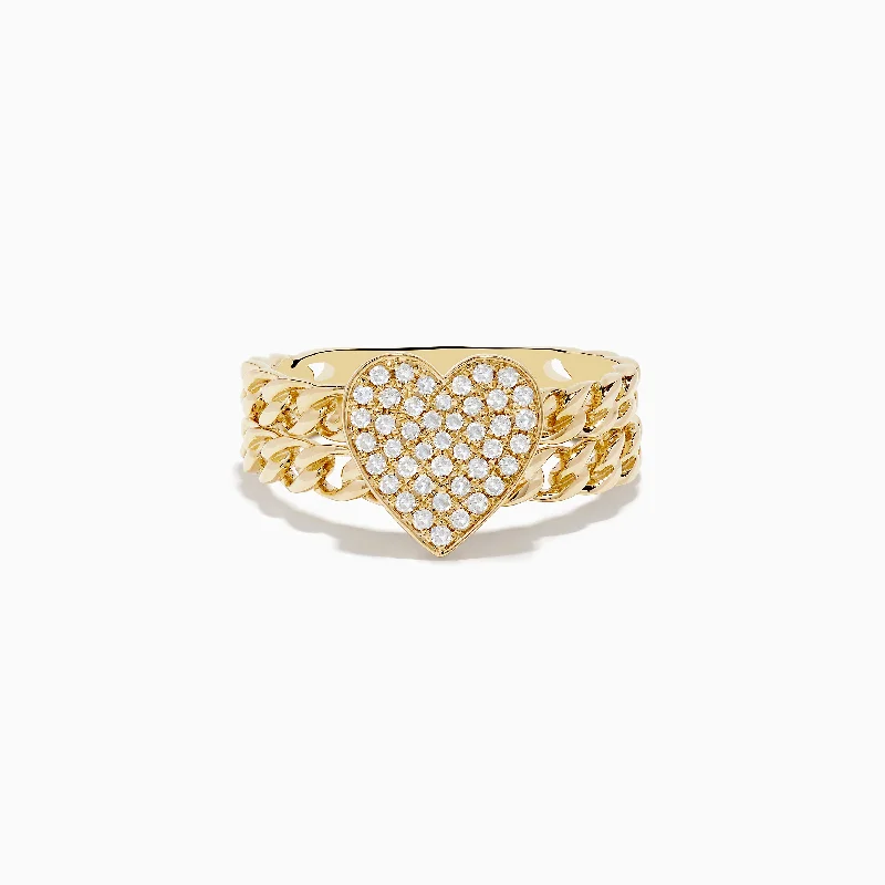 Ladies Rings with Axinite-Novelty 14K Yellow Gold Pave Diamond Heart Chain Link Ring