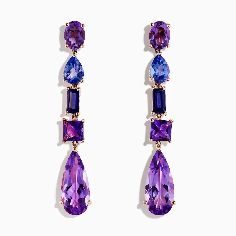 Ladies Earrings Bright Colors-14K Rose Gold Iolite, Amethyst, and Tanzanite Earrings