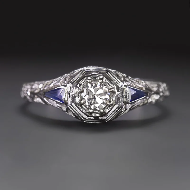 Ladies Engagement Rings Heart Band-ART DECO DIAMOND ENGAGEMENT RING SAPPHIRE 14k WHITE GOLD FILIGREE OLD EUROPEAN