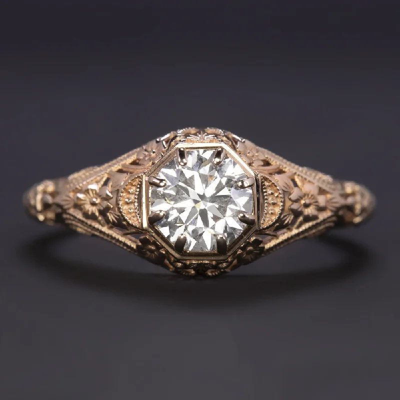 Ladies Engagement Rings Unique Cut-VINTAGE STYLE DIAMOND SOLITAIRE RING 0.80ct ROSE GOLD FILIGREE FLORAL ENGAGEMENT