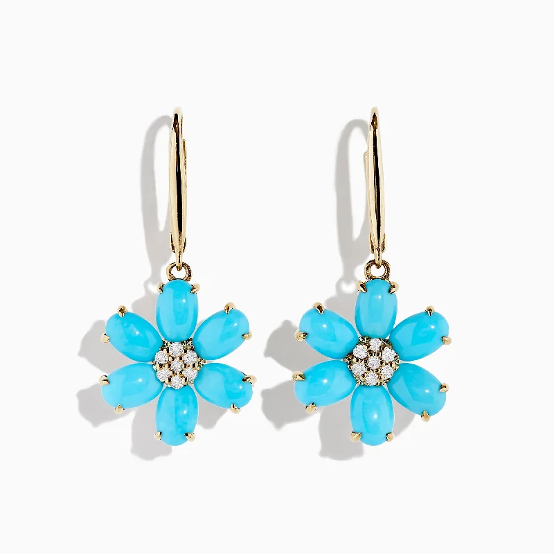 Ladies Earrings for Veterans-14K Yellow Gold Turquoise and Diamond Flower Earrings, 4.83 TCW