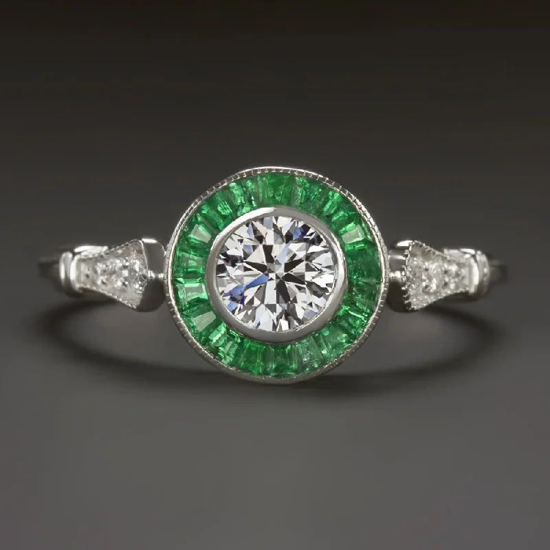 Ladies Engagement Rings with Beryl-LAB CREATED DIAMOND EMERALD ENGAGEMENT RING VINTAGE STYLE TARGET HALO ART DECO