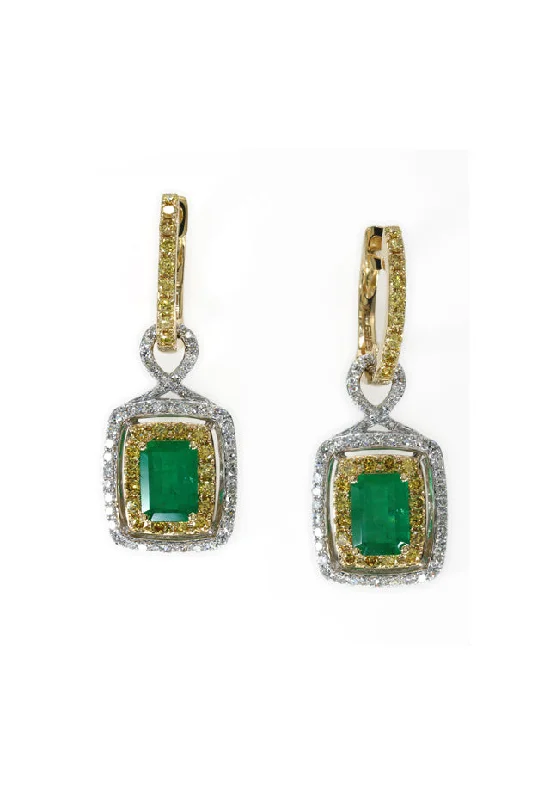 Ladies Earrings for Explorers-14K 2-Tone Gold Emerald, Yellow and White Diamond Earrings, 2.90 TCW