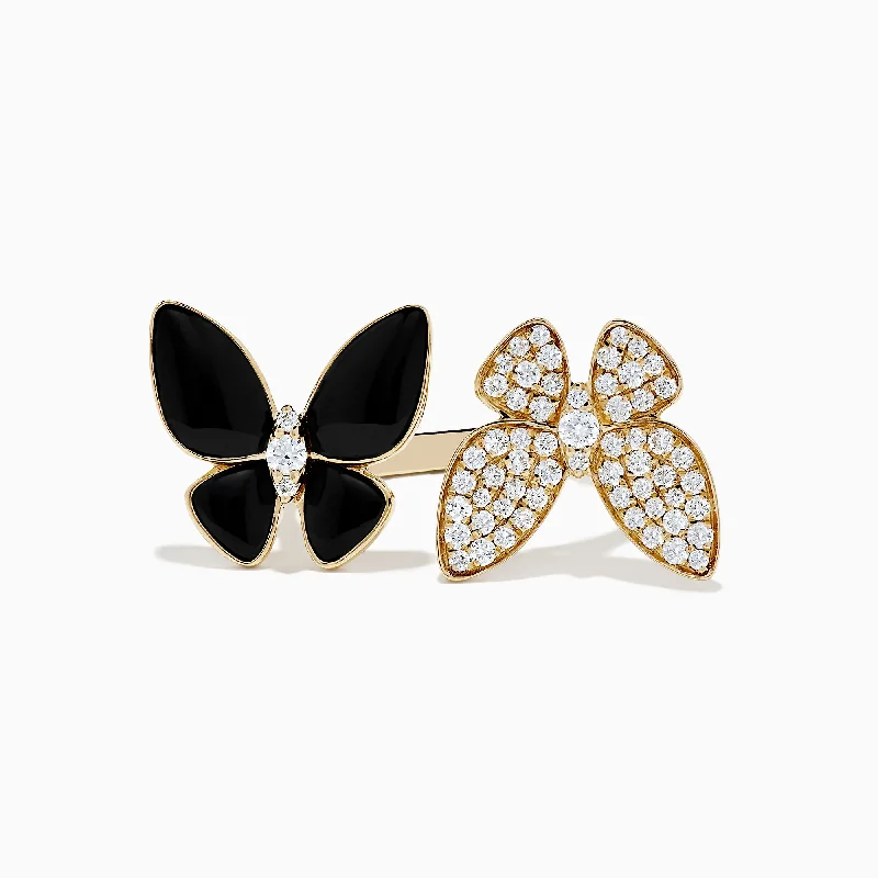 Ladies Rings with Dumortierite-Nature 14K Yellow Gold Onyx and Diamond Butterfly Ring, 1.86 tcw