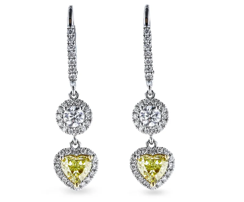 Ladies Earrings Ethnic Style-18KT WHITE GOLD 1.53CTW YELLOW DIAMOND & 0.97CTW DIAMOND DANGLE EARRINGS