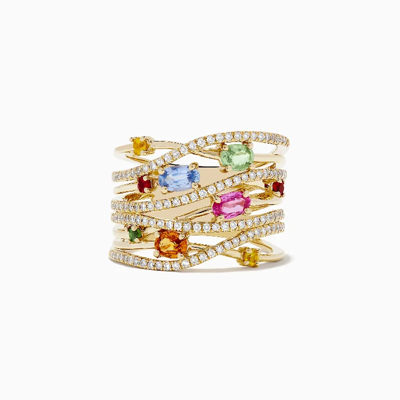 Ladies Rings with Okenite-Watercolors 14K Yellow Gold Multi Sapphire and Diamond Ring