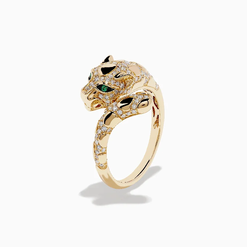 Ladies Rings with Opal-Signature 14K Yellow Gold Emerald and Diamond Panther Ring