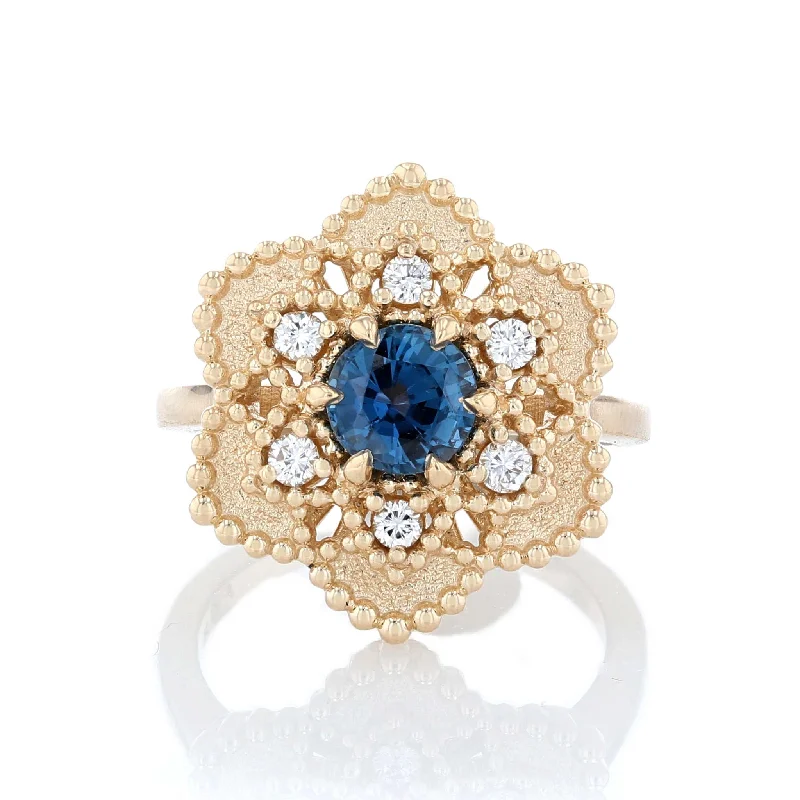 Ladies Rings Globe Design-Sapphire & Diamond Flower Halo Ring