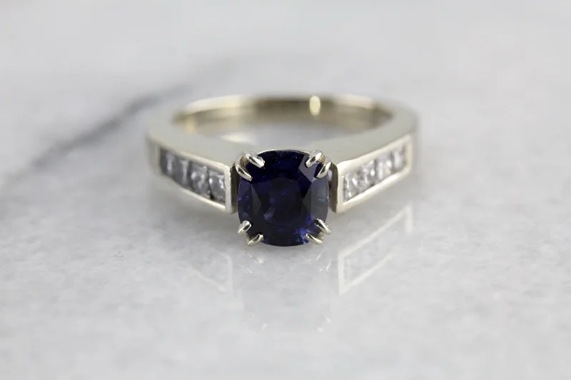 Ladies Engagement Rings with Pyroxmangite-Contemporary Fine Midnight Blue Ceylon Sapphire of Excellent Quality,  Engagement Ring in Diamonds and White Gold