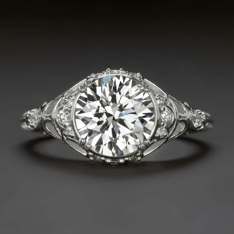 Ladies Engagement Rings Classic Style-VINTAGE STYLE DIAMOND ENGAGEMENT RING 1.85ct CERTIFIED H VS2 ROUND CUT FILIGREE