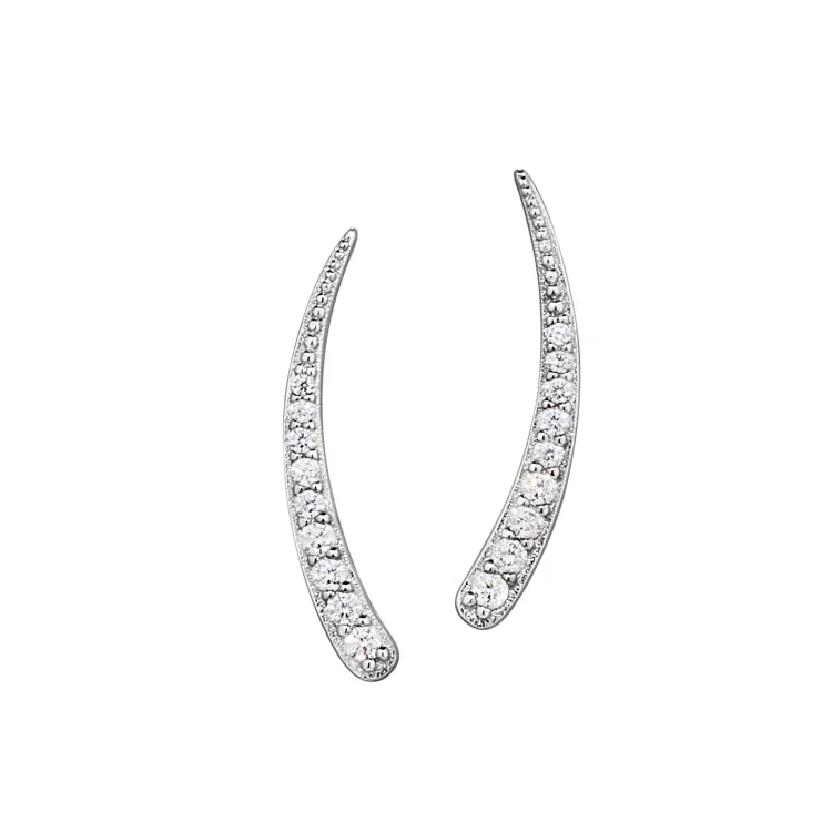 Ladies Earrings for Photographers-Platinum Finish Sterling Silver Micropave Curved Climber Earrings with Simulated  Diamonds