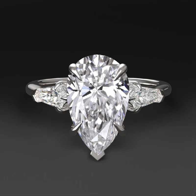 Ladies Engagement Rings with Okenite-2ct LAB CREATED DIAMOND ENGAGEMENT RING 3 STONE PEAR BULLET CUT 14k WHITE GOLD