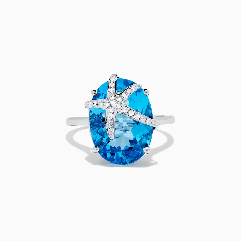 Ladies Rings with Glaucophane-Seaside 14K Gold Blue Topaz and Diamond Starfish Ring, 13.74 TCW