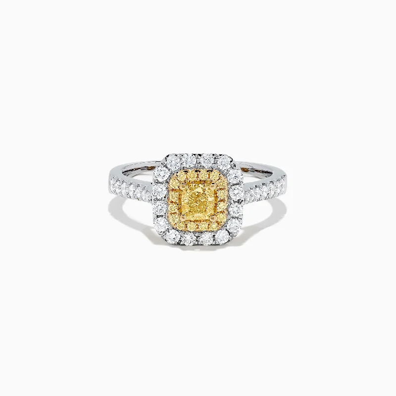 Ladies Rings with Axinite-Canare 18K Two Tone Gold Cushion Double Halo Yellow Diamond Ring, 0.97 TCW