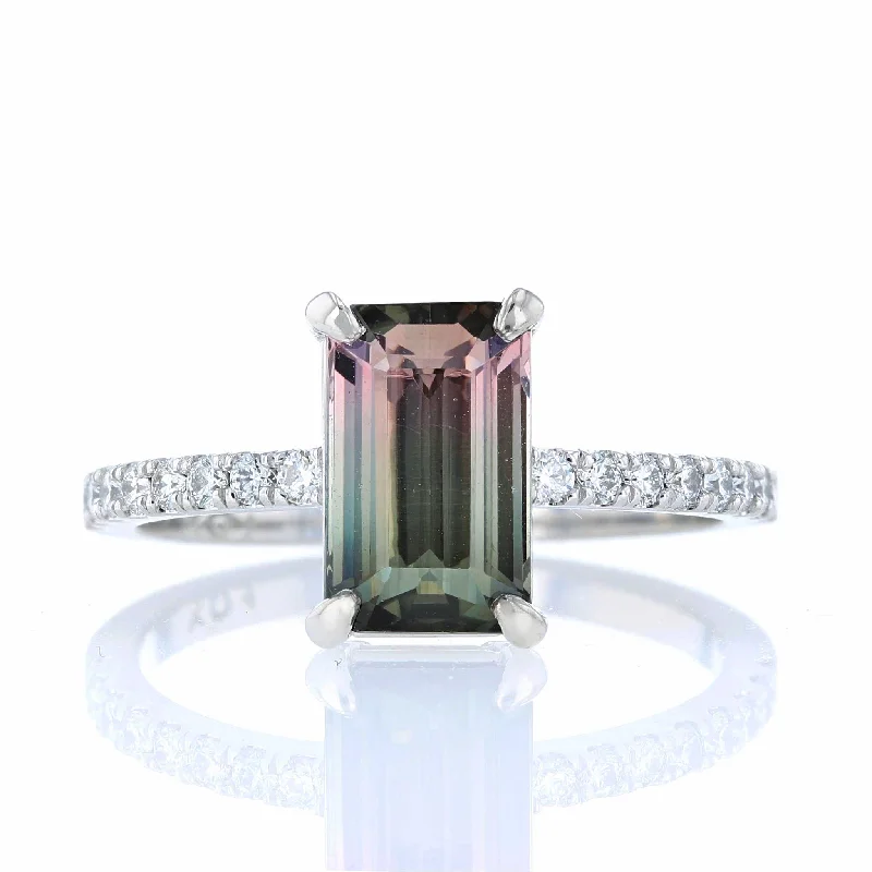 Ladies Rings with Chrysocolla-Emerald Cut Watermelon Tourmaline Ring