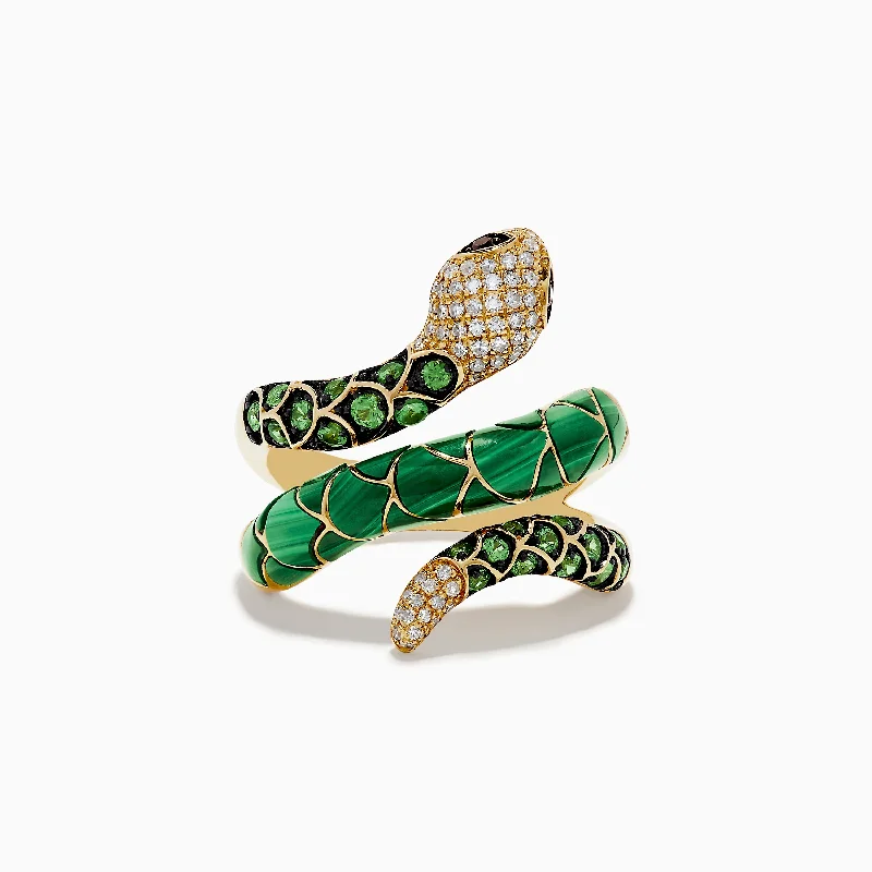 Ladies Rings for Birthdays-Safari 14K Yellow Gold Tsavorite & Malachite Diamond Snake Ring