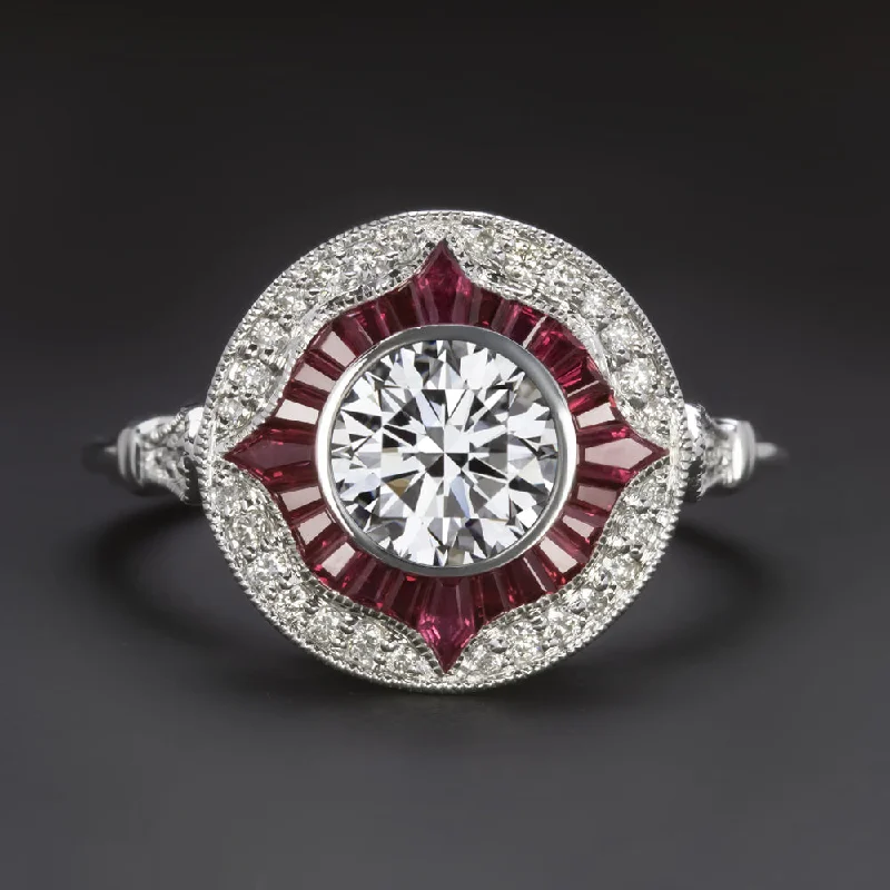 Ladies Engagement Rings Floral Band-1 CARAT LAB CREATED DIAMOND RUBY ENGAGEMENT RING HALO CERTIFIED VINTAGE STYLE