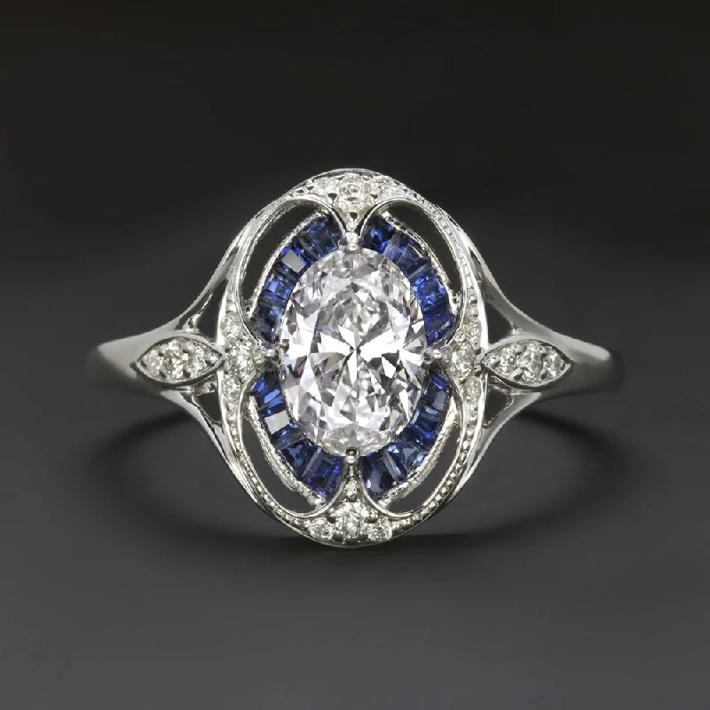 Ladies Engagement Rings with Phenakite-DIAMOND SAPPHIRE ENGAGEMENT RING ART DECO VINTAGE STYLE OVAL SHAPE TARGET HALO