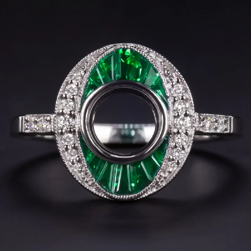 Ladies Engagement Rings Key Design-EMERALD DIAMOND RING SETTING 1 CARAT ROUND VINTAGE ENGAGEMENT ART DECO GEOMETRIC