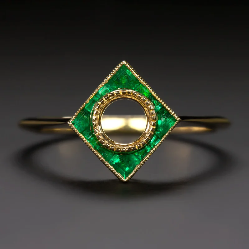 Ladies Engagement Rings with Axinite-EMERALD 5mm ROUND ENGAGEMENT RING SETTING GOLD MOUNT GEOMETRIC ART DECO CALIBRE