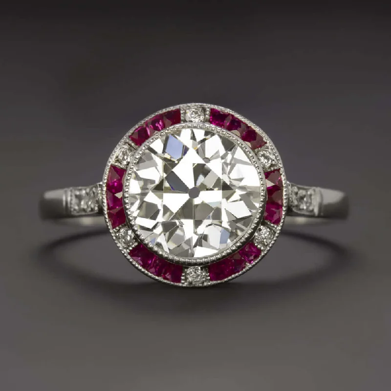 Ladies Engagement Rings with Muscovite-1.82ct CERT J-K VS1 OLD CUT DIAMOND ENGAGEMENT RING RUBY PLATINUM VINTAGE STYLE