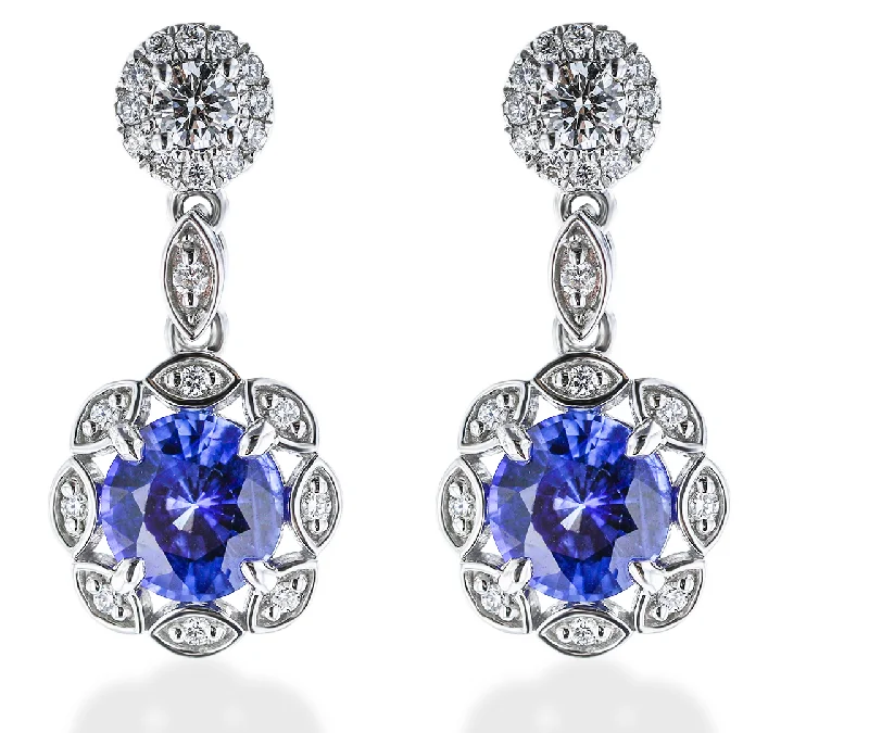 Ladies Earrings with Obsidian-JULEVE 2.60 CTW SAPPHIRE & 0.54 CTW DIAMOND HALO DROP EARRINGS