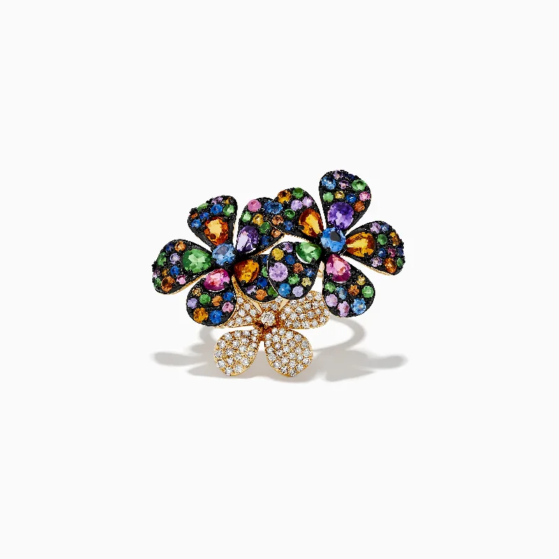 Ladies Rings with Diopside-Watercolors 14K Yellow Gold Multi Sapphire & Diamond Flower Ring