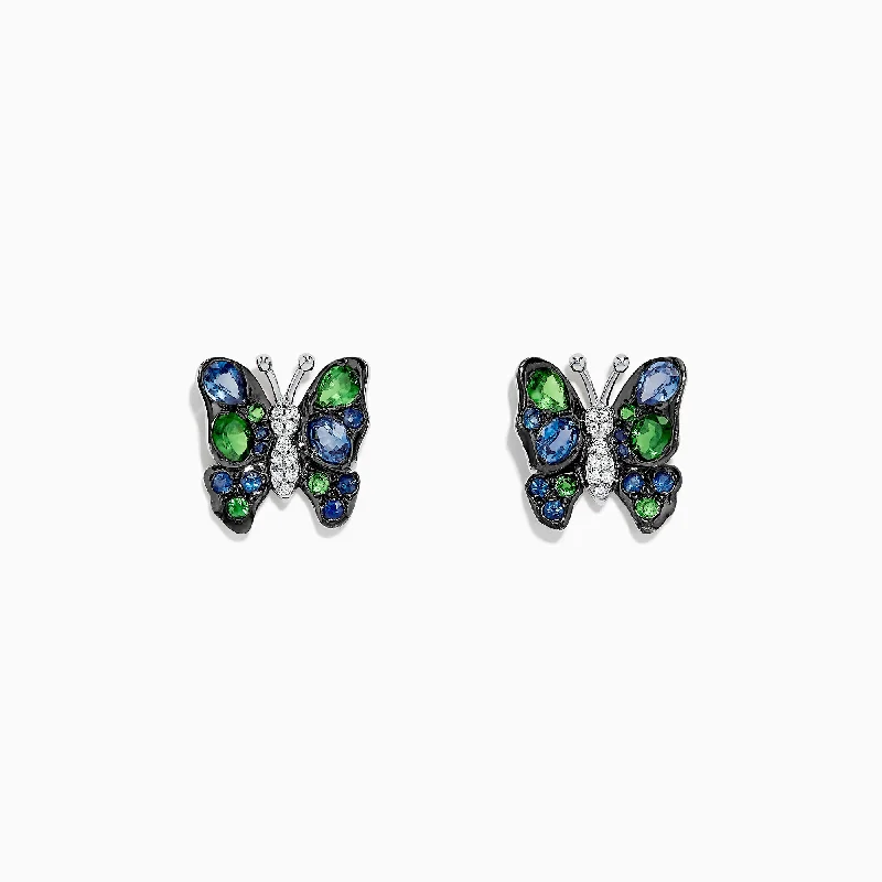 Ladies Earrings with Jeremejevite-Nature 14K White Gold Sapphire, Tsavorite & Diamond Butterfly Earrings, 1.85 TCW