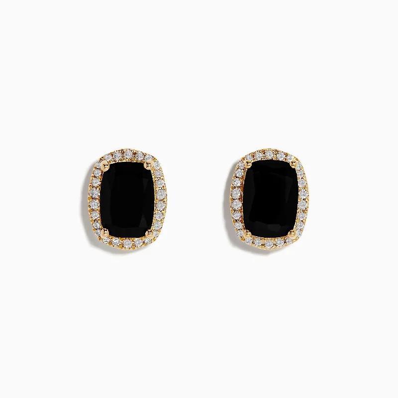 Ladies Earrings with Serpentine-14K Yellow Gold Onyx and Diamond Stud Earrings