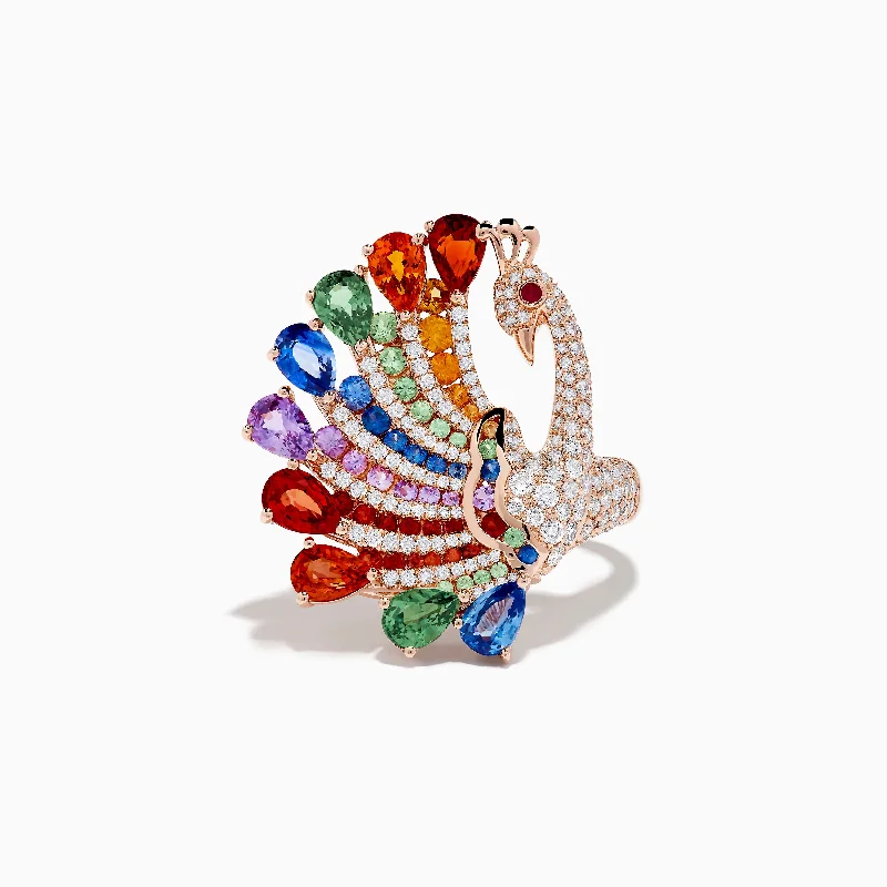 Ladies Rings with Chalcanthite-Safari 14K Rose Gold Multi Sapphire Peacock Ring