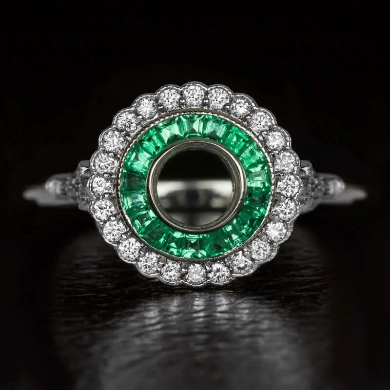 Ladies Engagement Rings Organic Look-DIAMOND EMERALD HALO 1/2CT BEZEL ENGAGEMENT RING SETTING ART DECO VINTAGE STYLE