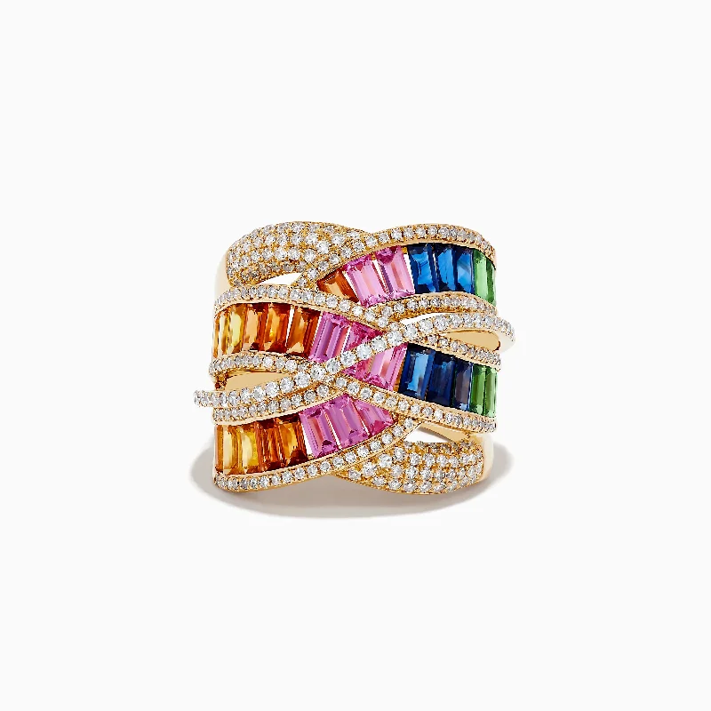 Ladies Rings with Aventurine-Watercolors 14K Gold Multi Sapphire & Diamond Crossover Ring