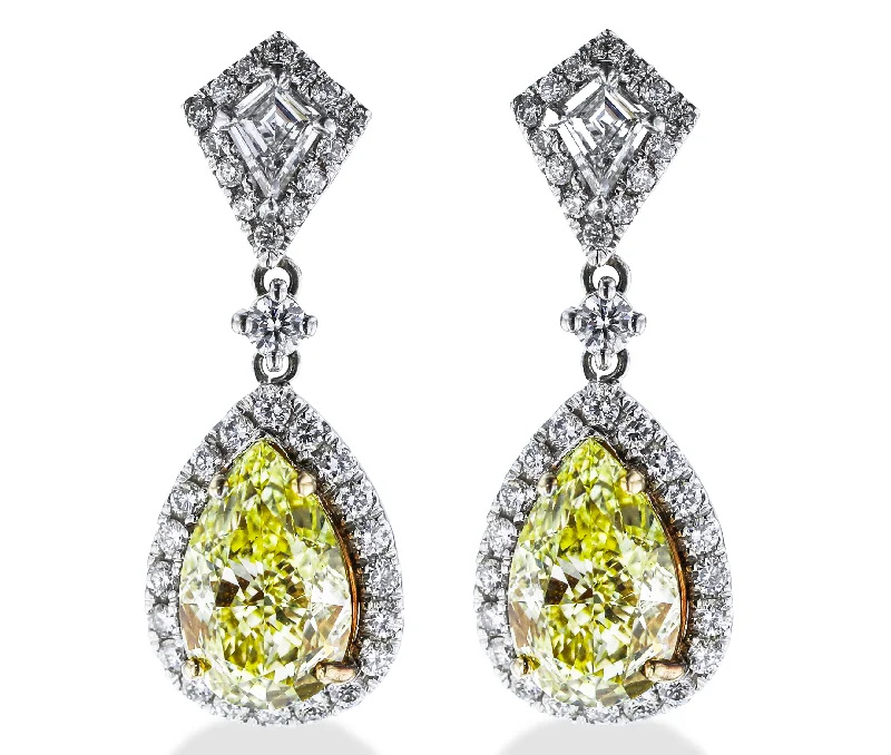 Ladies Earrings Dainty Style-18KT WHITE GOLD 6.27CTW YELLOW DIAMOND & 1.29CTW DIAMOND DANGLE EARRINGS