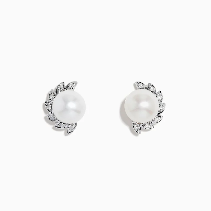 Ladies Earrings Hexagon Shape-Pearl 14K White Gold Fresh Water Pearl and Diamond Stud Earrings