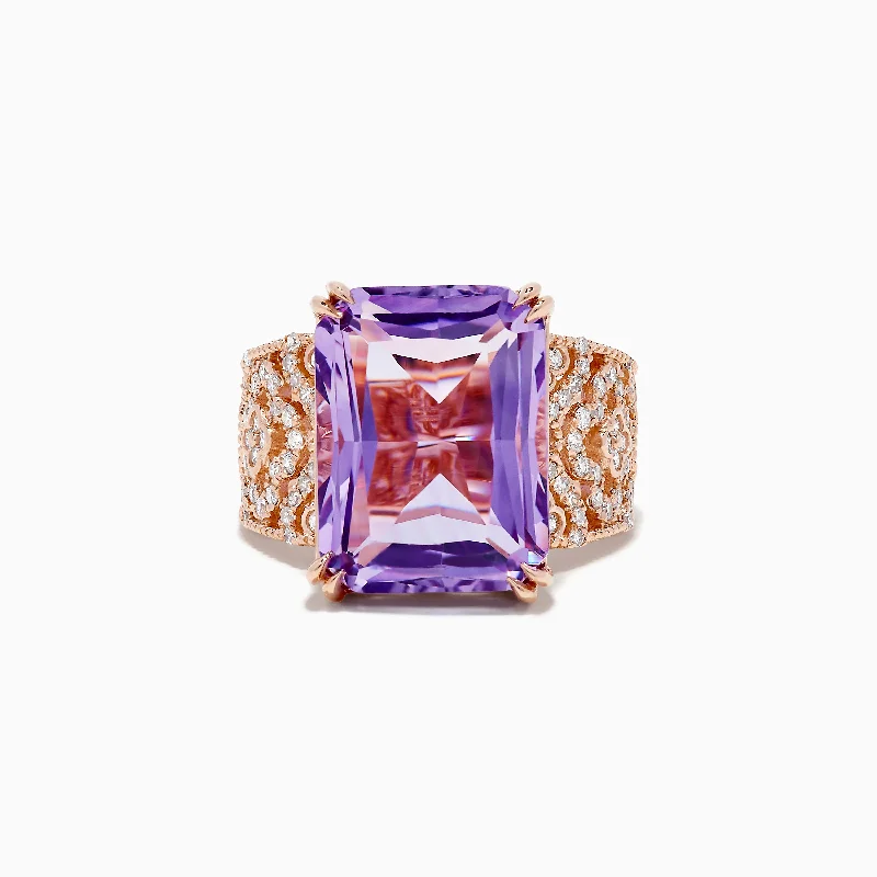 Ladies Rings with Natrolite-Amethyst 14K Rose Gold Amethyst and Diamond Ring