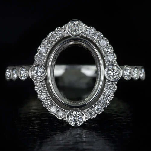 Ladies Engagement Rings Crescent Shape-ROUND DIAMOND OVAL HALO PLATINUM ENGAGEMENT RING SETTING COCKTAIL VINTAGE STYLE